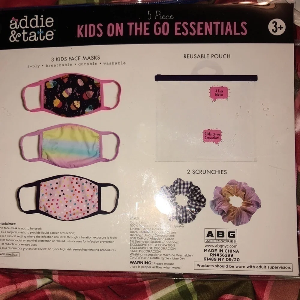 Addie & tate Washable Kids Face Mask and scrunchies with reusable pouch